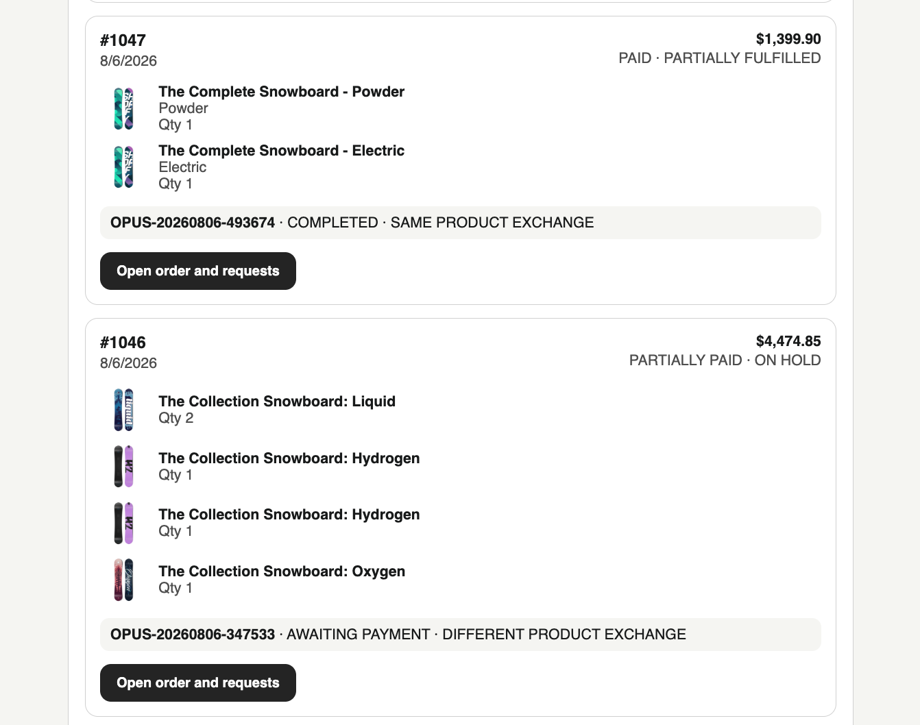 Customer order history with completed and awaiting-payment Opus requests