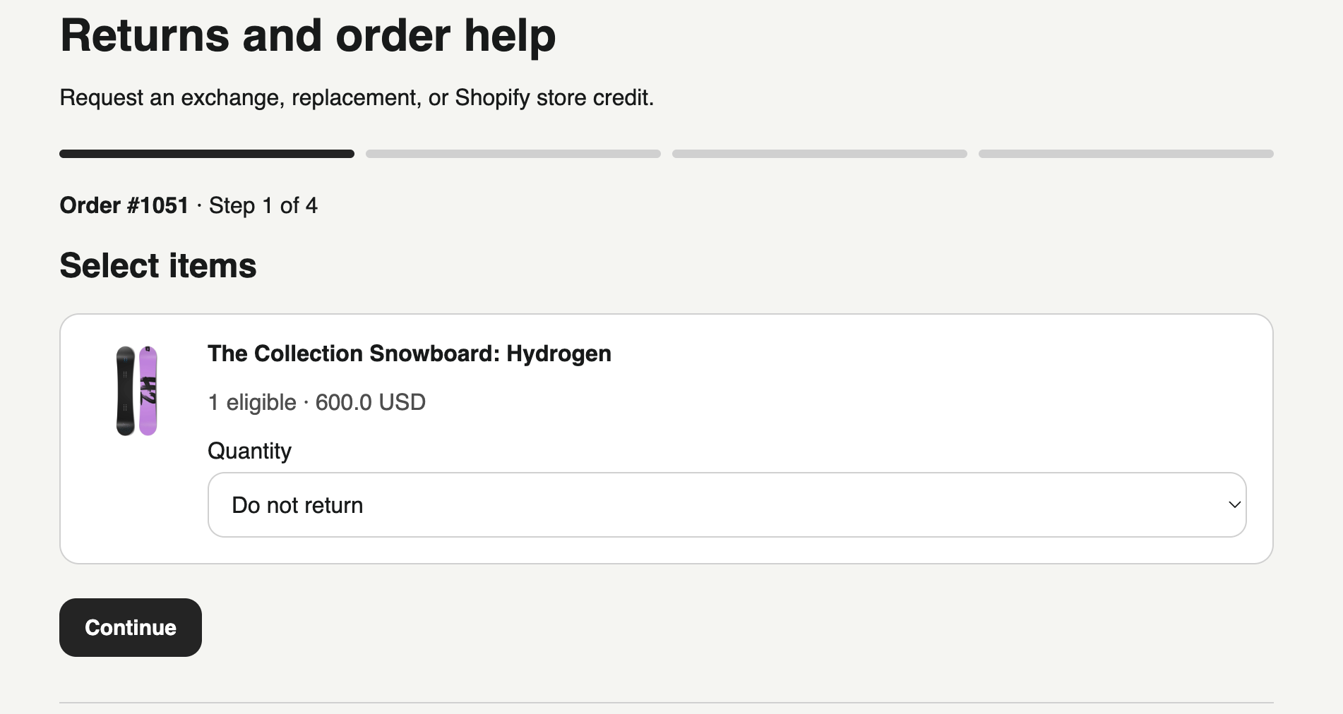 Customer portal item selection step