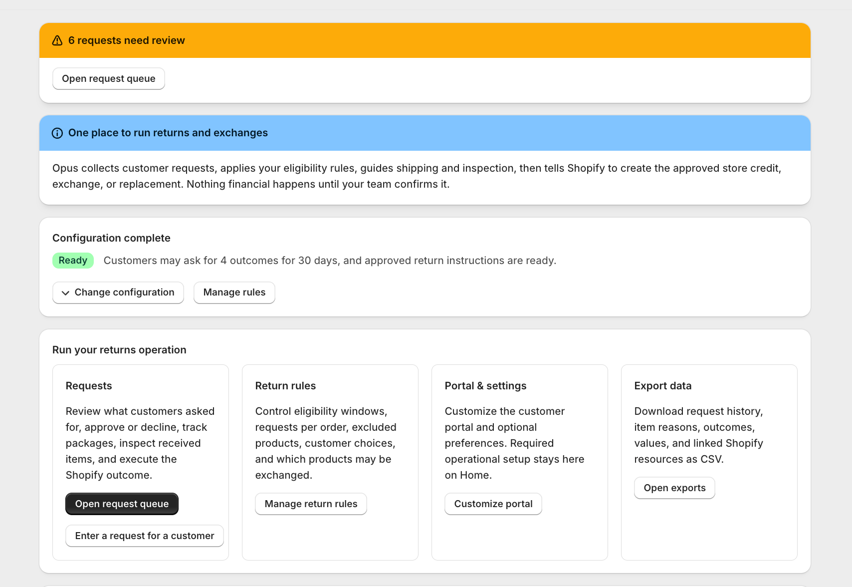 Opus merchant dashboard showing configuration and operations cards